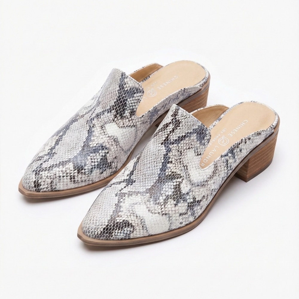 Chinese Laundry Snake Print Mules Pointed Toe Block Heel Western Slides Size 7.5